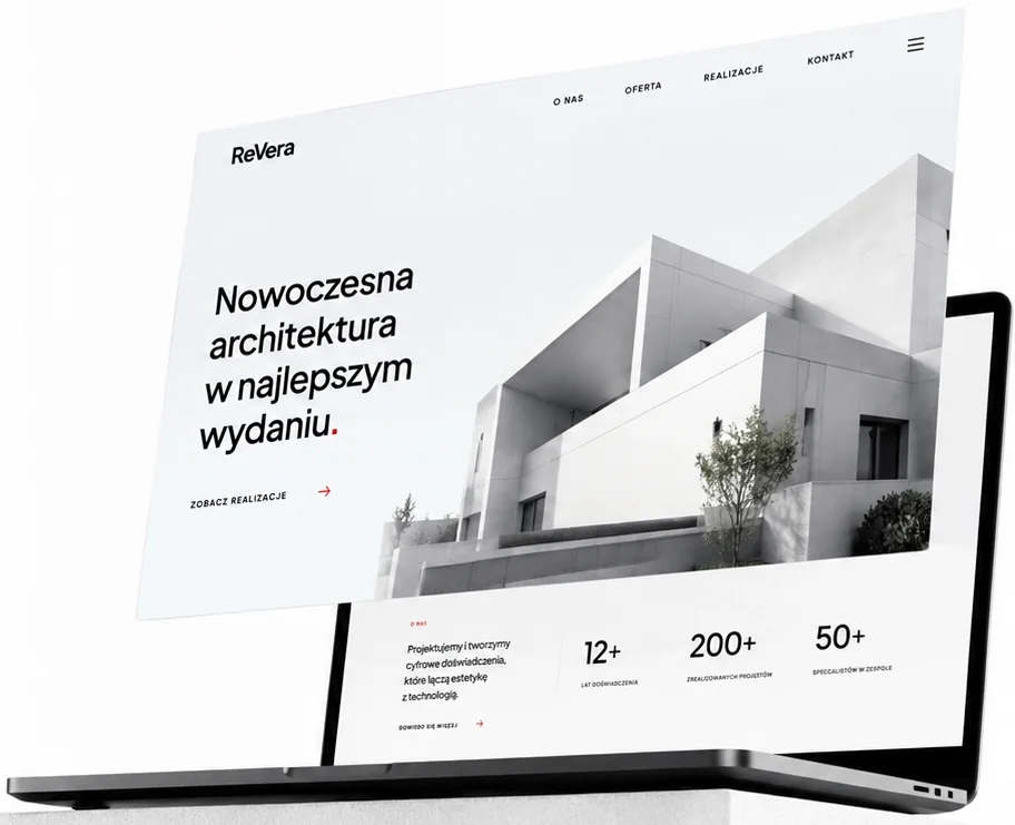 Projekt responsywnej strony internetowej dla pracowni architektonicznej wyświetlany na laptopie.